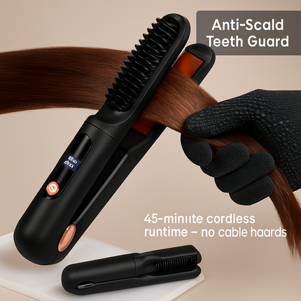 2 In 1 Ceramic Hair Straightener Flat Iron Cordless Hair Straightener Brush Hair Portable Styling Iron with Carry Bag Anti-scald Gloves 2 Hairpins