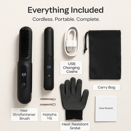 2 In 1 Ceramic Hair Straightener Flat Iron Cordless Hair Straightener Brush Hair Portable Styling Iron with Carry Bag Anti-scald Gloves 2 Hairpins