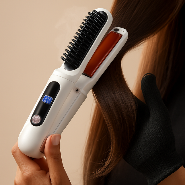 2 In 1 Ceramic Hair Straightener Flat Iron Cordless Hair Straightener Brush Hair Portable Styling Iron with Carry Bag Anti-scald Gloves 2 Hairpins