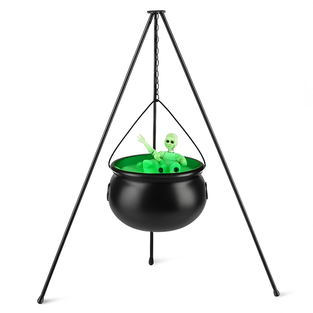 Halloween Large Witch Cauldron With 56.49” Tripod And Eyeball String Light Skeleton Halloween Outdoor Decoration For Porch Yard Patio Garden Living Ro