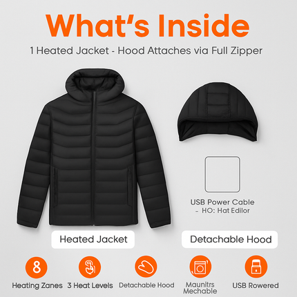 Heated Jacket - Lightweight Hooded Coat for Winter Warmth