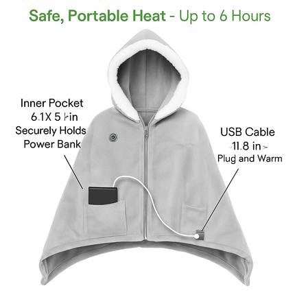 Wearable Heated Throw Blanket Double-Sided Flannel Portable Electric Heating Hoodie For Women Men Machine Washable 3 Heating Levels Battery Operated