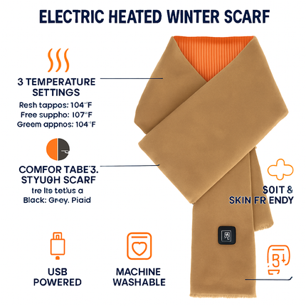 Electric Heated Winter Scarf USB Heating Neck Wrap Unisex Heated Neck Shawl Soft Warm Scarves with 3 Heating Modes for Outdoor Cycling Skiing Skating