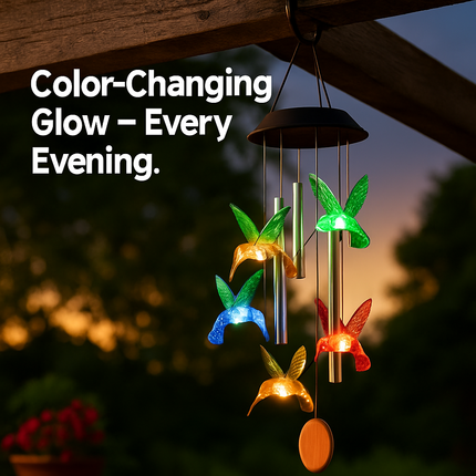 Solar Hummingbird Wind Chime with Aluminum Tubes 7 Color Changing Wind Chime for Outside IPX4 Waterproof Outdoor Garden Yard Decor