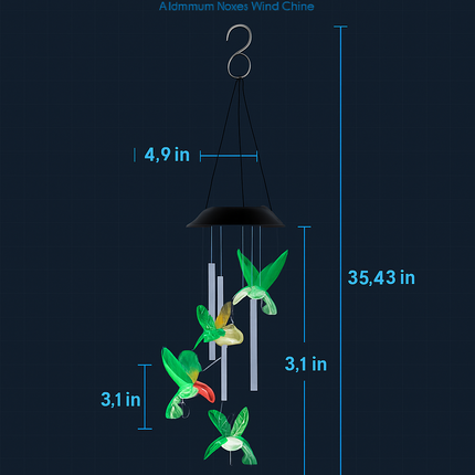 Solar Hummingbird Wind Chime with Aluminum Tubes 7 Color Changing Wind Chime for Outside IPX4 Waterproof Outdoor Garden Yard Decor