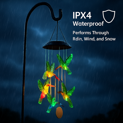 Solar Hummingbird Wind Chime with Aluminum Tubes 7 Color Changing Wind Chime for Outside IPX4 Waterproof Outdoor Garden Yard Decor
