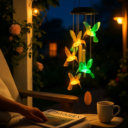 Solar Hummingbird Wind Chime with Aluminum Tubes 7 Color Changing Wind Chime for Outside IPX4 Waterproof Outdoor Garden Yard Decor