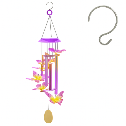 Solar Butterfly Wind Chime with Aluminum Tubes 7 Color Changing Wind Chime for Outside IP44 Waterproof Outdoor Garden Yard Decor