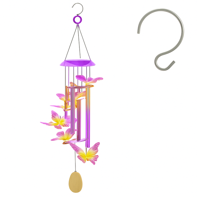 Solar Butterfly Wind Chime with Aluminum Tubes 7 Color Changing Wind Chime for Outside IP44 Waterproof Outdoor Garden Yard Decor