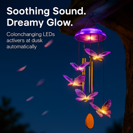 Solar Butterfly Wind Chime with Aluminum Tubes 7 Color Changing Wind Chime for Outside IP44 Waterproof Outdoor Garden Yard Decor