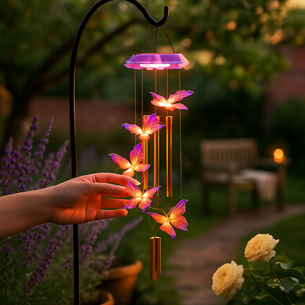 Solar Butterfly Wind Chime with Aluminum Tubes 7 Color Changing Wind Chime for Outside IP44 Waterproof Outdoor Garden Yard Decor