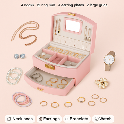 2-Layer Jewelry Box for Rings, Earrings, Necklaces