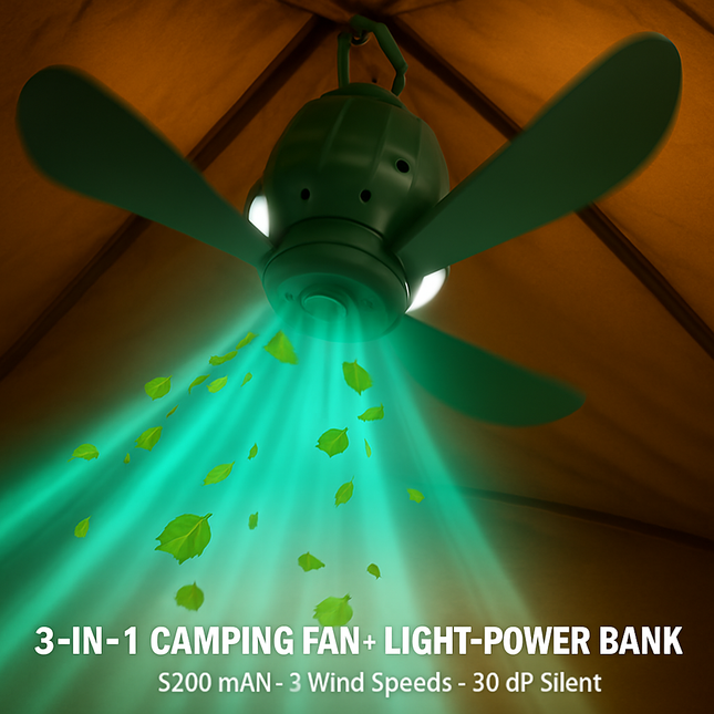 Portable Camping Ceiling LED Fan with 3-Speed Wind & Light