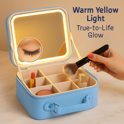 Travel Makeup Bag with LED Mirror - Blue