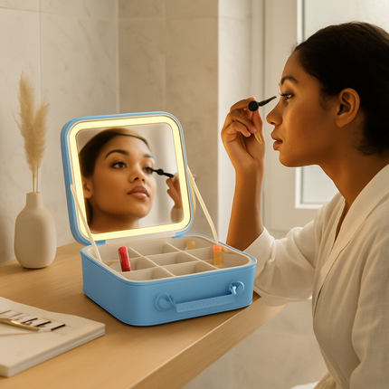 Travel Makeup Bag with LED Mirror - Blue