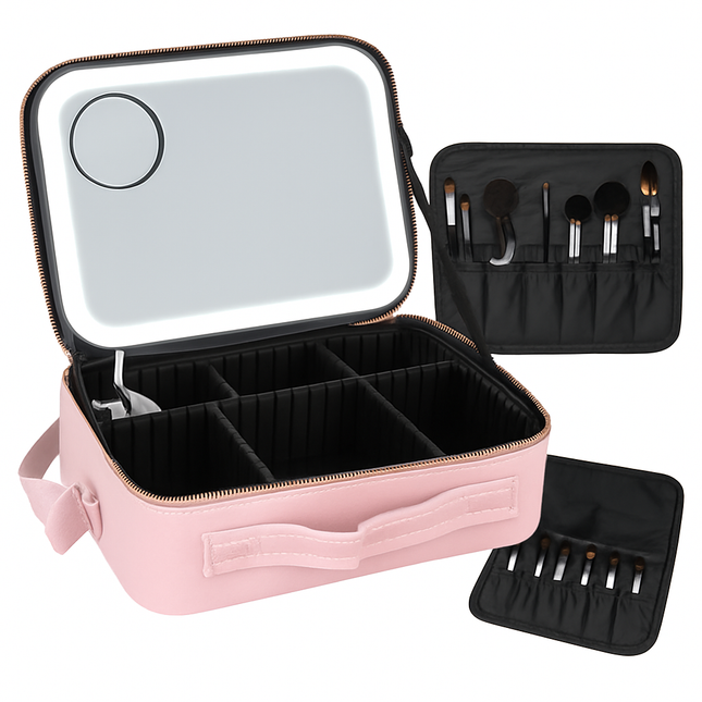 Travel Makeup Bag with LED Mirror and Adjustable Dividers