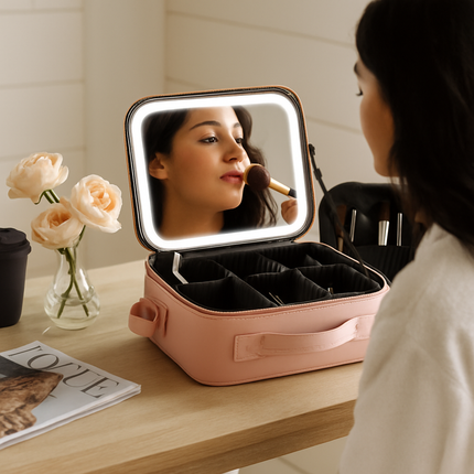 Travel Makeup Bag with LED Mirror and Adjustable Dividers