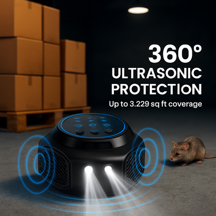 360° Ultrasonic Mice Repellent Indoor Rodent Repeller Rat Squirrel Rodent Chaser with 3 Modes 2 Strobe Lights for Kitchen Warehouse