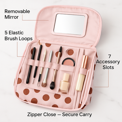 Travel Makeup Bag with Mirror - Compact Organizer