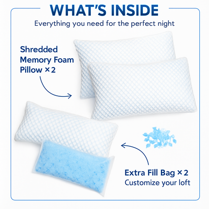 Shredded Memory Foam Pillow - Adjustable, Cooling, Washable