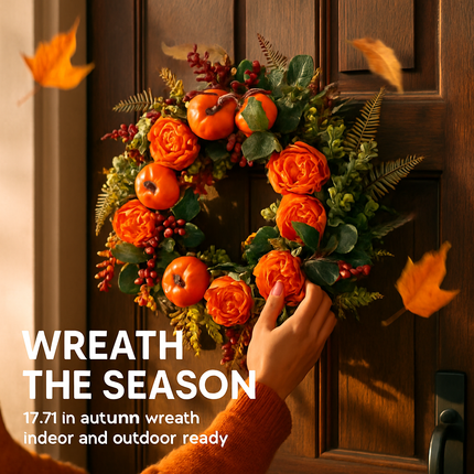 Autumn Wreath with Pumpkin, Leaves and Berries
