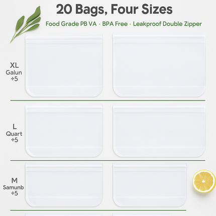 Reusable Food Storage Bags 20pc Set, Leakproof