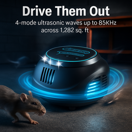 Ultrasonic Rodent Chaser Rat Repellent Pest Driver Mouse Control Squirrel Repeller with 4 Modes 4-65KHz Strobe Light 4 Timer 1292sq.ft. Coverage for R