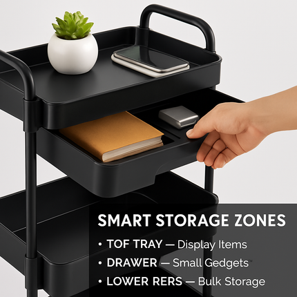 3 Tier Rolling Utility Cart with Wheels for Home Use