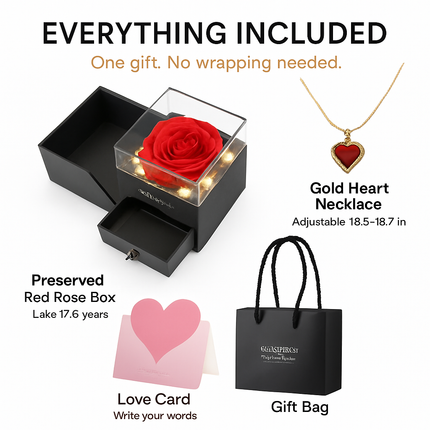 Preserved Red Rose with Heart Necklace Gift Set