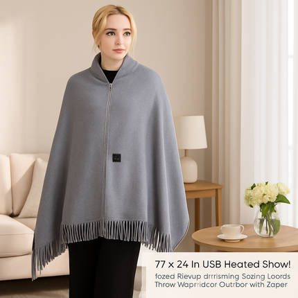 77x24In USB Heated Shawl with Teasel Wearable Heating Blanket Electric Throw Wrap Indoor Outdoor with Zipper 3 Heating Levels Machine Washable for Out