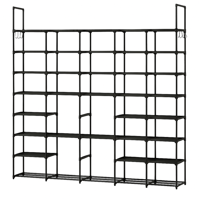 8-Tier 4-Row Metal Shoe Rack with Hooks, Durable