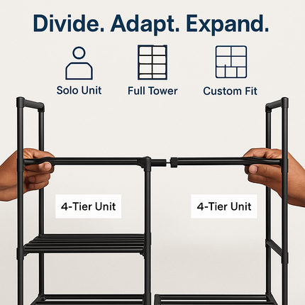 8-Tier 4-Row Metal Shoe Rack with Hooks, Durable