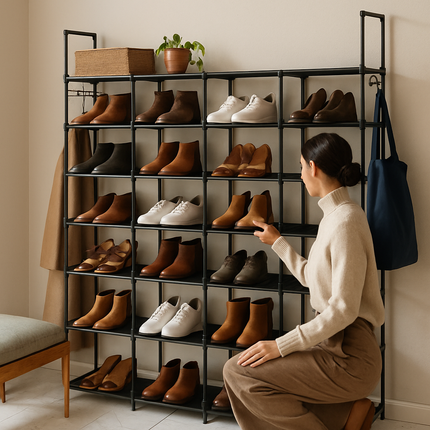 8-Tier 4-Row Metal Shoe Rack with Hooks, Durable