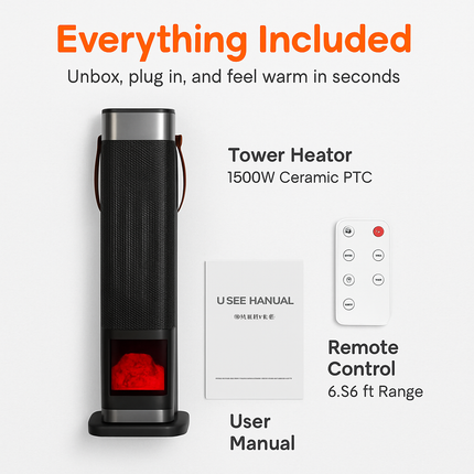 1500W Oscillating Ceramic Tower Space Heater with 3D Flame Portable Electric Heater with 3 Wind Modes 59-104℉Heating Remote Control 12H Timer Overheat