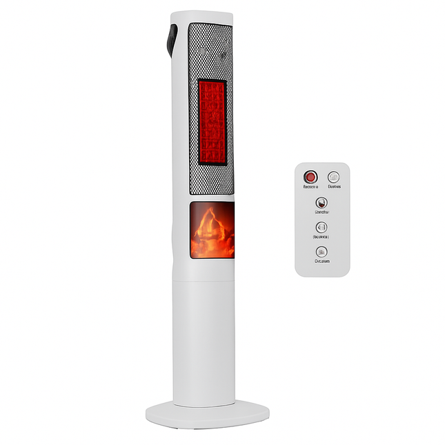 1500W Oscillating Ceramic Tower Space Heater with 3D Flame Portable Electric Heater with 3 Wind Modes Remote Control 5 Timer Overheat Tip-Over Protect