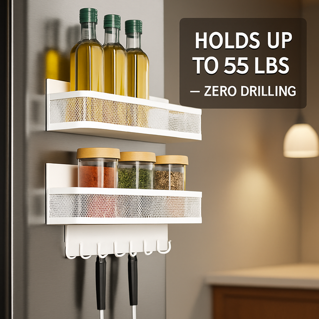 Magnetic Spice Rack with Hooks and Shelving