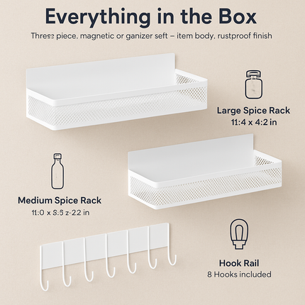 Magnetic Spice Rack with Hooks and Shelving