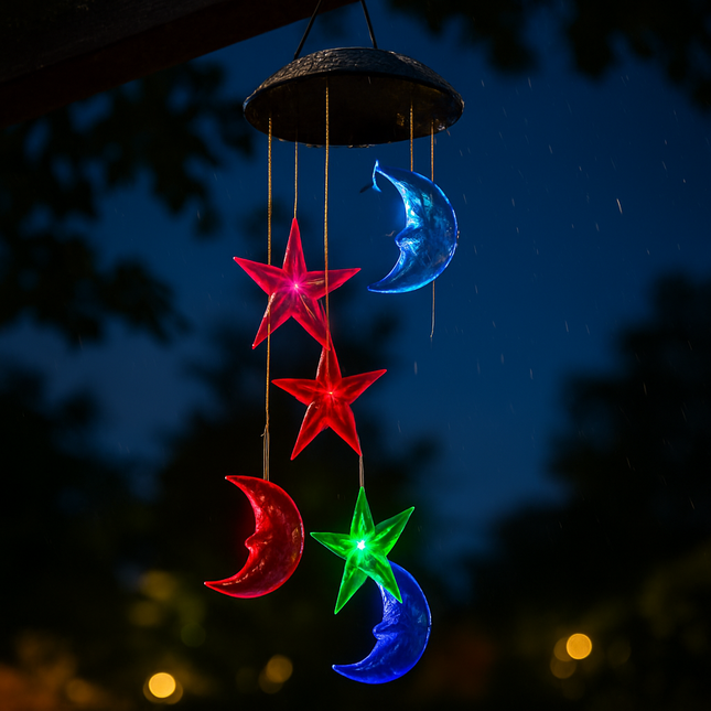 2Pack Solar Moon and Star Wind Chimes 7 Color Changing Wind Chimes for Outside IPX4 Waterproof Outdoor Garden Yard Decor