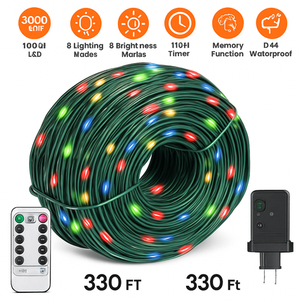 330FT 1000LED String Lights Outdoor Christmas Decoration Lights with Remote IP44 Waterproof 8 Lighting Modes 8 Brightness Timer Plug In Fairy Light Xm