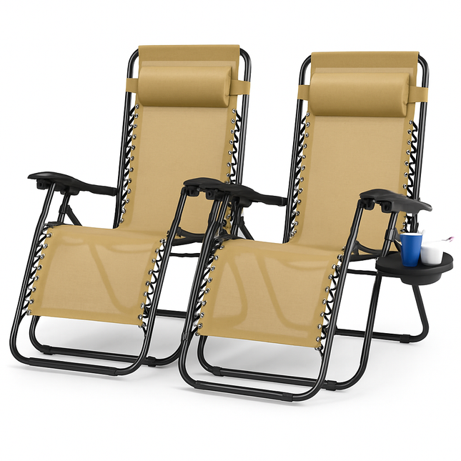 2Packs Zero Gravity Lounge Chair w/ Dual Side Tray 330lbs Load Foldable Recliner Chair w/ Stress Relief Pillow Patio Poolside Beach Lying Chair