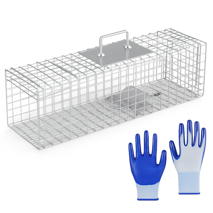 Live Animal Trap Cage 27x7.5x8in Folding Catch and Release Steel Humane Cat Trap for Racoons Stray Cats Rabbits Beavers Hedgehogs Chipmunk Small Anima