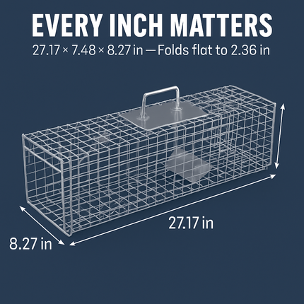 Live Animal Trap Cage 27x7.5x8in Folding Catch and Release Steel Humane Cat Trap for Racoons Stray Cats Rabbits Beavers Hedgehogs Chipmunk Small Anima