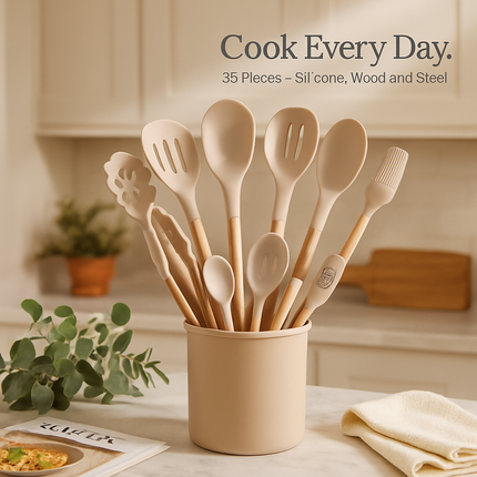 Kitchen Utensils Set with Holder - Spatulas & Spoons