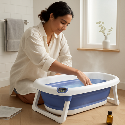 Baby Bath Tub with Thermometer Collapsible Travel-Friendly 0-24Months Baby Bathtub with Drain Hole For Newborn Infant Toddler Odorless Non-Toxic Folda