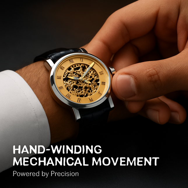 Gold Dial Skeleton Mechanical Watch – Hand-winding Leather