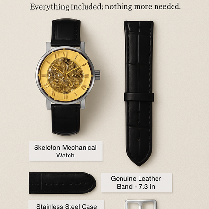 Gold Dial Skeleton Mechanical Watch – Hand-winding Leather