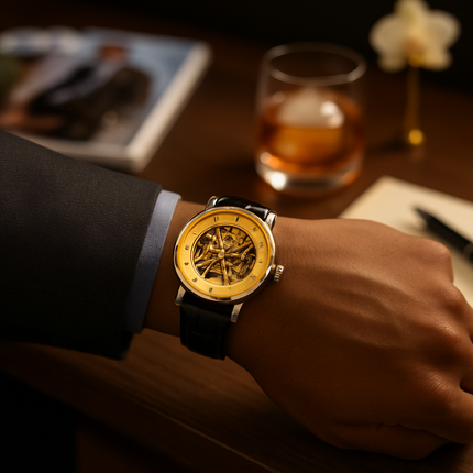Gold Dial Skeleton Mechanical Watch – Hand-winding Leather