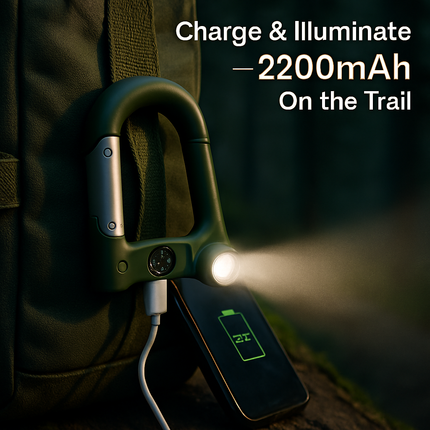 2200mAh Power Bank w/Emergency Flashlight Compass Carabiner-Shaped Hiking Camping Use