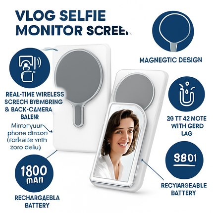 Vlog Selfie Monitor Screen Magnetic Rear Camera Phone Monitor Wireless Selfie Monitor Screen with 33FT Remote for Vlog Live Stream Compatible with IOS