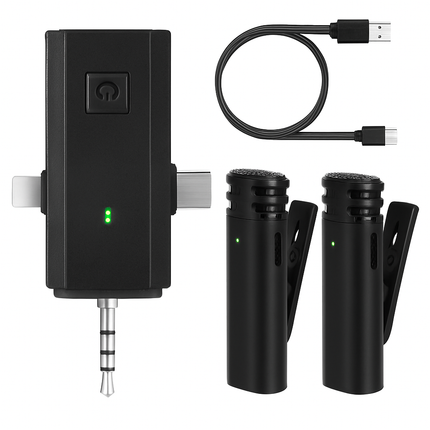 Wireless Clip-On Microphone with 3-in-1 Receiver – 2 Pack